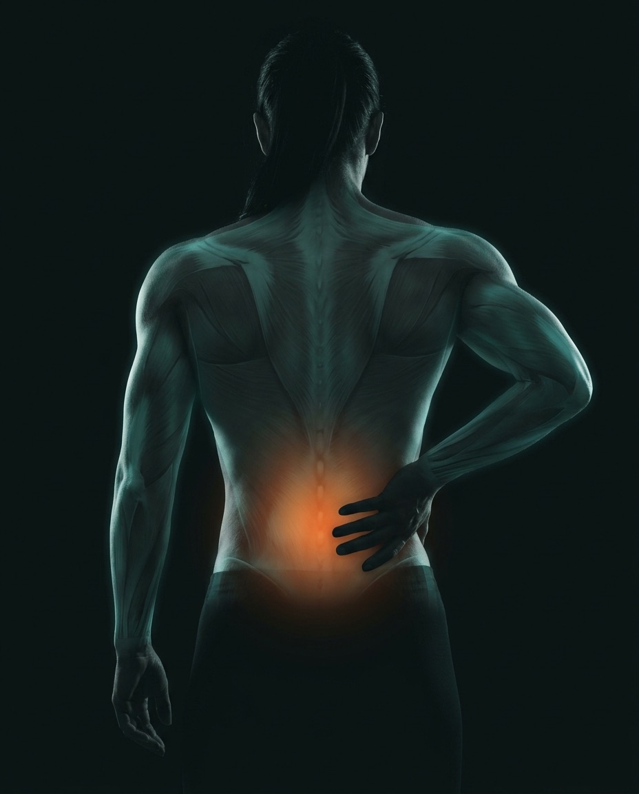 A woman, hand on her lower back — the ache mapped in ember