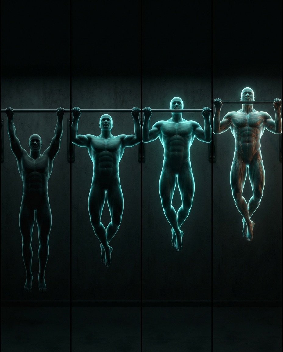 Four figures on the bar — dead hang to chin-over, the last one lit ember: the route to the goal