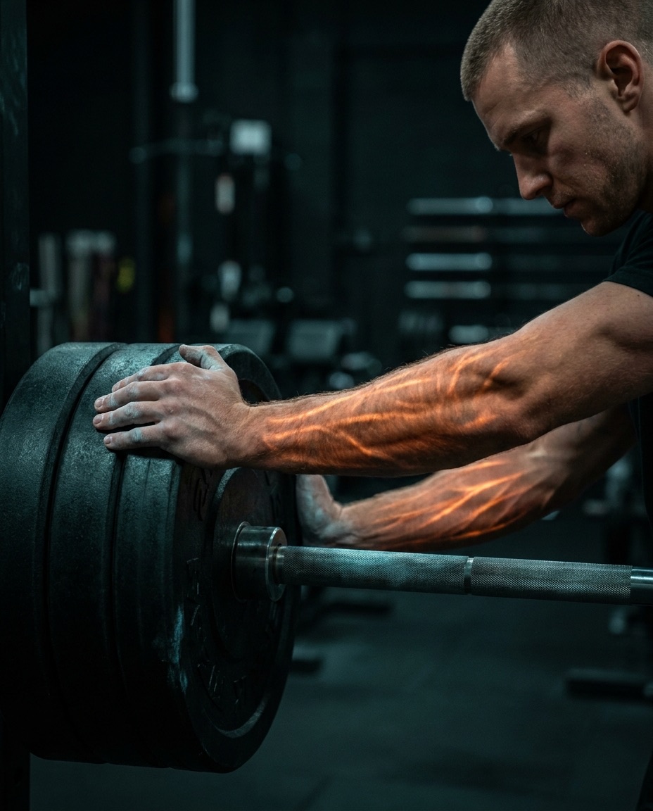 Loading another plate onto the bar, forearms glowing ember — showing up, again