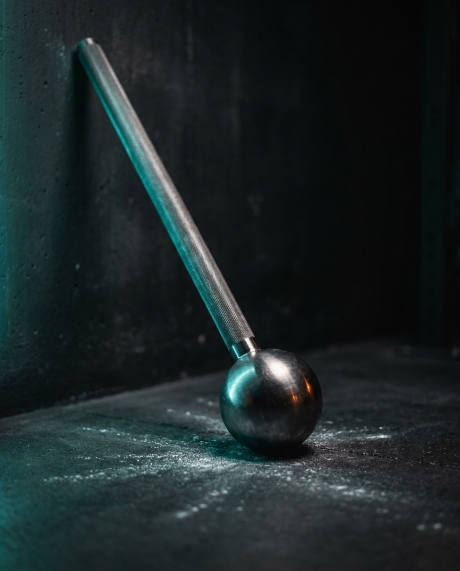 A steel mace against a dark gym wall — kit the library has never heard of