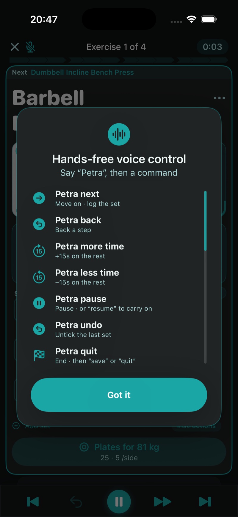 PT-One's voice commands, mid-session